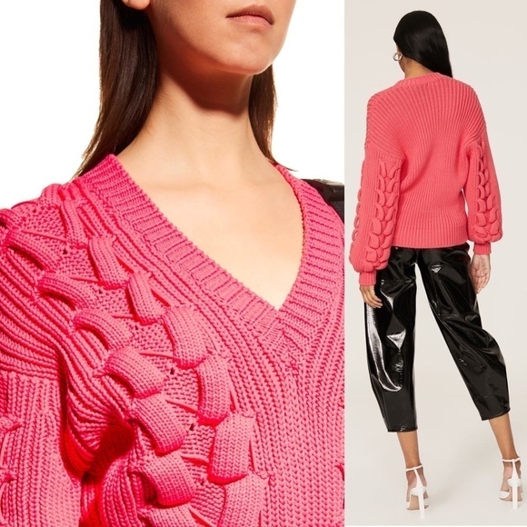 IRO Oversized Chunky Cable Knit Puffed Balloon Sleeve Ribbed V-Neck Sweater XL - Picture 6 of 10